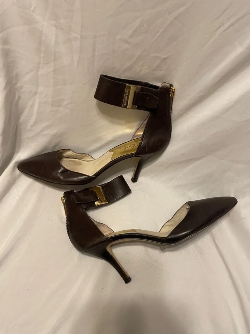 Michael Kors Dark Brown Pointed-Toe Ankle-Strap Heels with Gold Accent